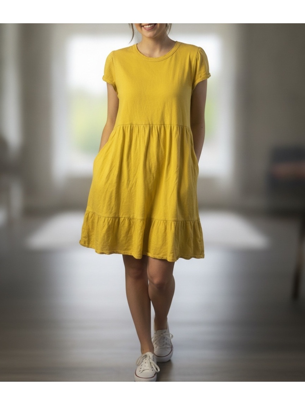 Time and Tru Yellow Short Sleeve Tiered Casual Dress XL